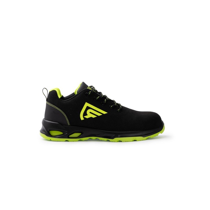 Zapato laboral tipo sport hecho en microfibra con puntera de fibra Roly color amarillo fluorescente primera vista de uso Zapato laboral tipo sport hecho en microfibra con puntera de fibra Roly color amarillo fluorescente primera vista de uso