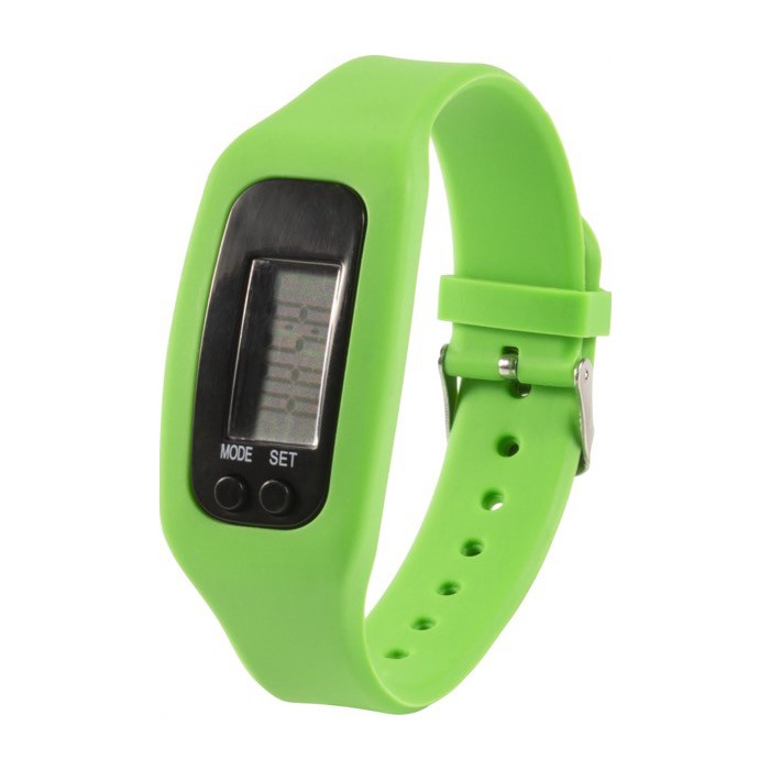 Podómetro de silicona con contador de pasos, calorías y distancia color verde claro primera vista Podómetro de silicona con contador de pasos, calorías y distancia color verde claro primera vista