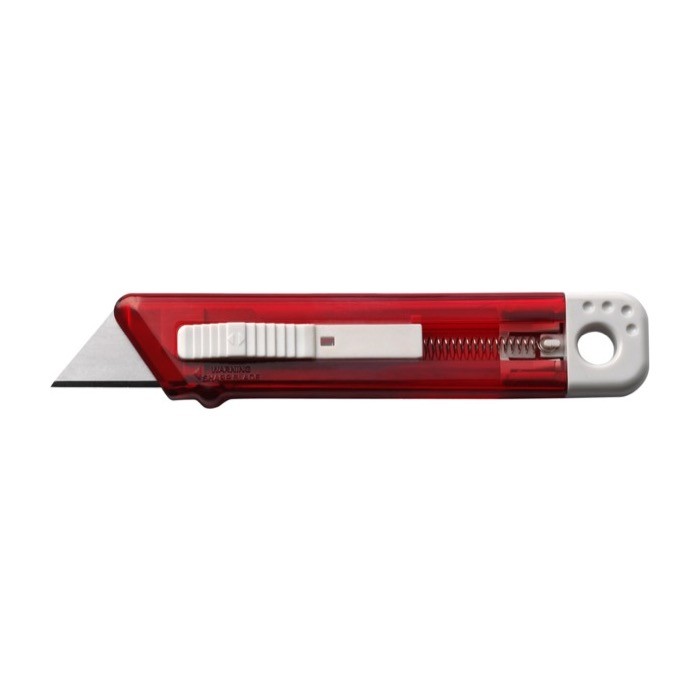 Cúter transparente de plástico con retorno de seguridad automático color rojo segunda vista Cúter transparente de plástico con retorno de seguridad automático color rojo segunda vista