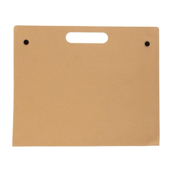 Carpeta de cartón con material de escritura y asa de transporte color marrón primera vista