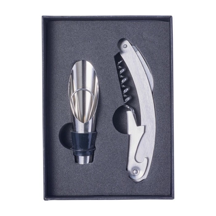 Set de vino en estuche cuadrado con accesorios de acero inoxidable color negro primera vista