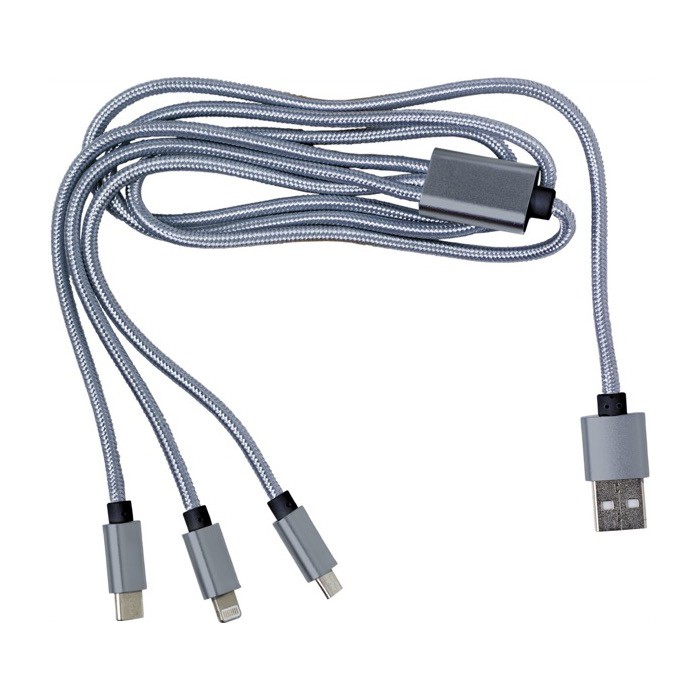 Set de cables de carga con múltiples conectores y longitud de 95cm color plateado segunda vista Set de cables de carga con múltiples conectores y longitud de 95cm color plateado segunda vista