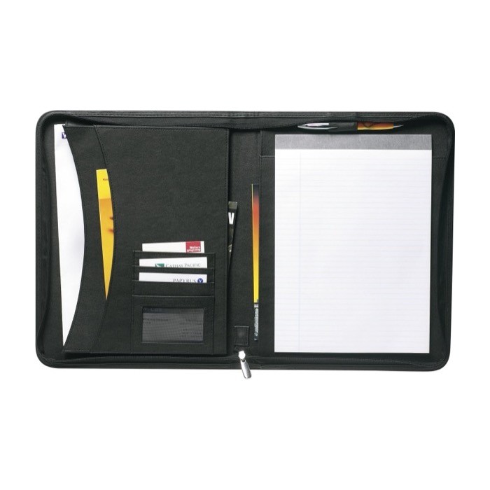 Portafolio con 30 hojas a rayas y compartimientos organizativos color negro primera vista Portafolio con 30 hojas a rayas y compartimientos organizativos color negro primera vista