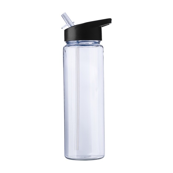 Botella deportiva de plástico reciclado con pajita plegable 750ml color negro primera vista Botella deportiva de plástico reciclado con pajita plegable 750ml color negro primera vista