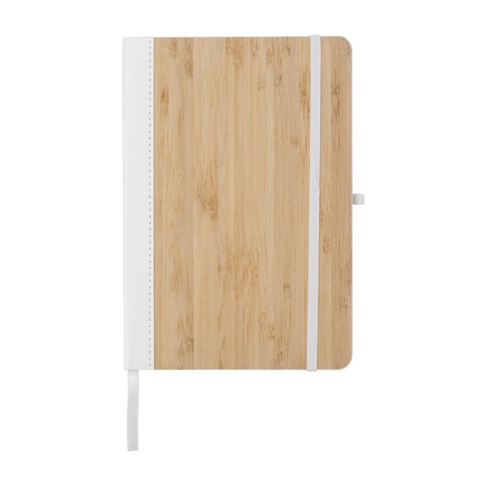 Cuaderno con tapa de bambú y cuero sintético A5 hojas a rayas color blanco primera vista