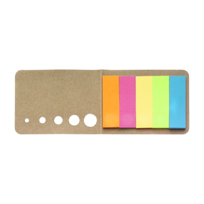 Notas adhesivas en 5 distintos colores con tapa de cartón color marrón primera vista