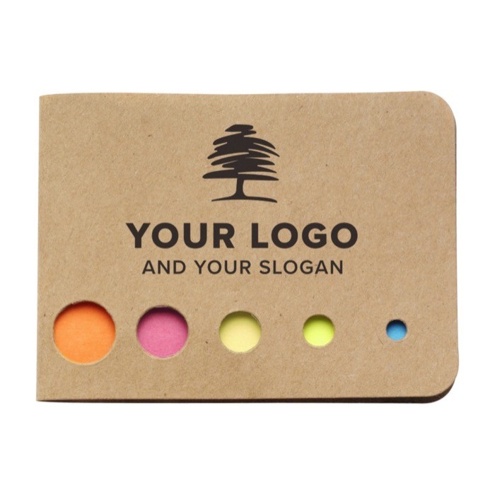 Notas adhesivas en 5 distintos colores con tapa de cartón color marrón tercera vista