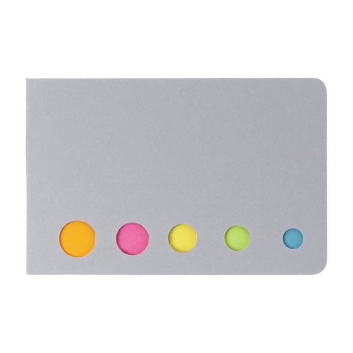 Notas adhesivas en 5 distintos colores con tapa de cartón color plateado primera vista