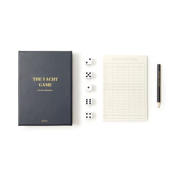 Juego Yatzy en caja con logotipo color azul marino