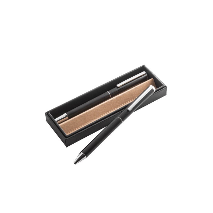 Set de bolígrafo y roller de aluminio reciclado tinta azul y negra color negro tercera vista