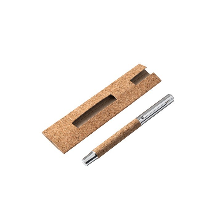 Roller de acero inoxidable reciclado y corcho con clip tinta azul color natural tercera vista