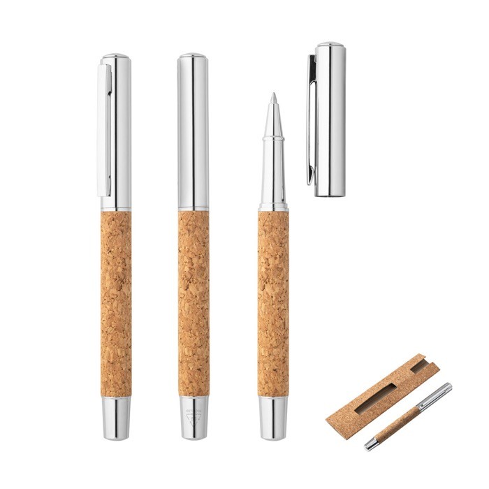 Roller de acero inoxidable reciclado y corcho con clip tinta azul varios colores