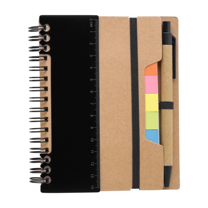 Libreta con varias notas adhesivas, regla y bolígrafo A6 hojas a rayas color negro primera vista Libreta con varias notas adhesivas, regla y bolígrafo A6 hojas a rayas color negro primera vista