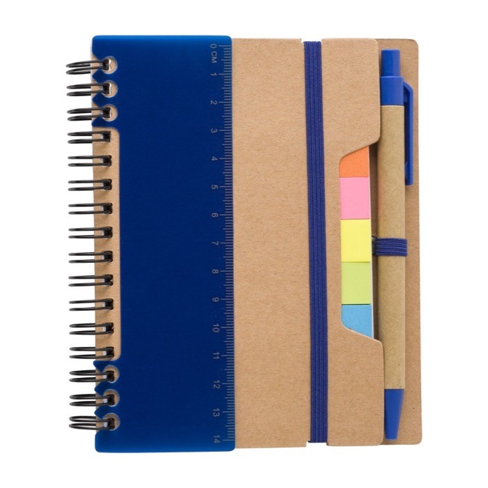 Libreta con varias notas adhesivas, regla y bolígrafo A6 hojas a rayas color azul segunda vista Libreta con varias notas adhesivas, regla y bolígrafo A6 hojas a rayas color azul segunda vista