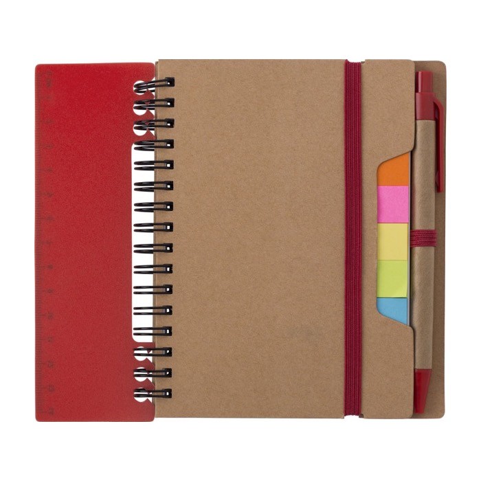 Libreta con varias notas adhesivas, regla y bolígrafo A6 hojas a rayas color rojo primera vista Libreta con varias notas adhesivas, regla y bolígrafo A6 hojas a rayas color rojo primera vista