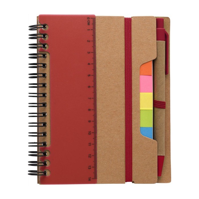 Libreta con varias notas adhesivas, regla y bolígrafo A6 hojas a rayas color rojo tercera vista Libreta con varias notas adhesivas, regla y bolígrafo A6 hojas a rayas color rojo tercera vista
