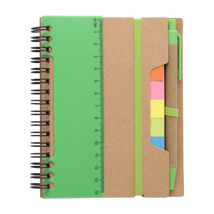 Libreta con varias notas adhesivas, regla y bolígrafo A6 hojas a rayas color verde claro segunda vista Libreta con varias notas adhesivas, regla y bolígrafo A6 hojas a rayas color verde claro segunda vista