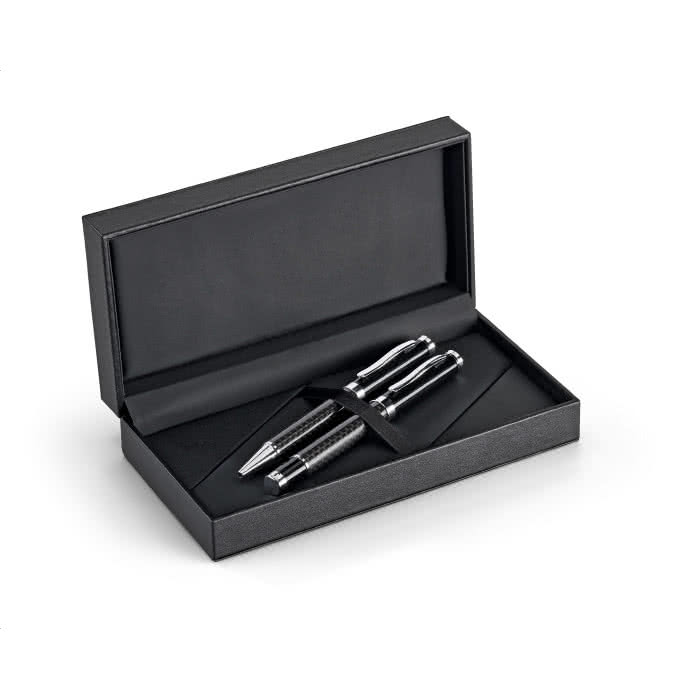 Set de bolígrafo y roller de fibra de carbono color negro