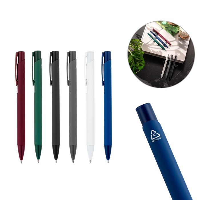 Bolígrafo de aluminio reciclado con acabado de goma tinta azul varios colores