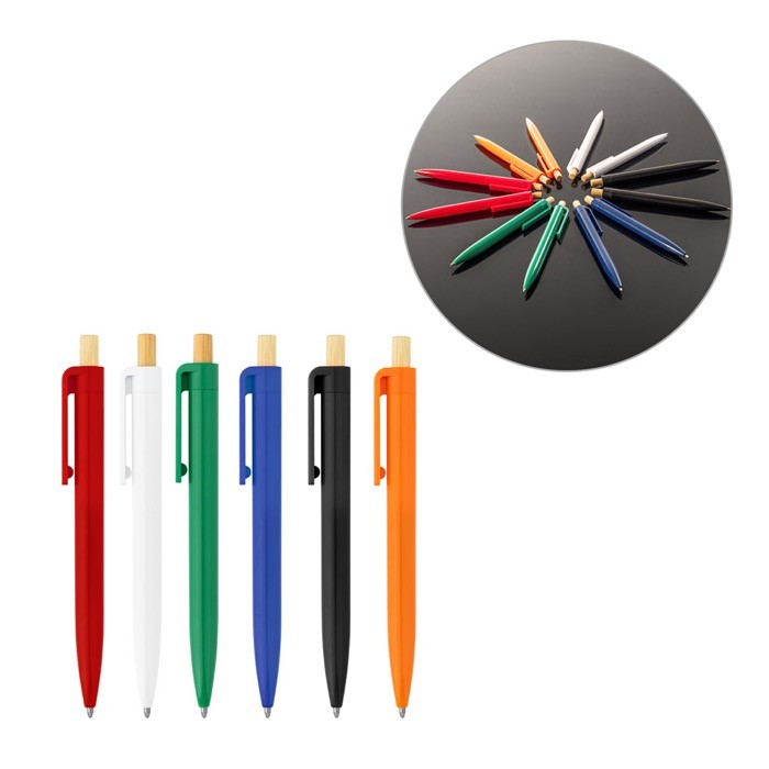 Bolígrafo de plástico reciclado con pulsador de bambú tinta azul varios colores