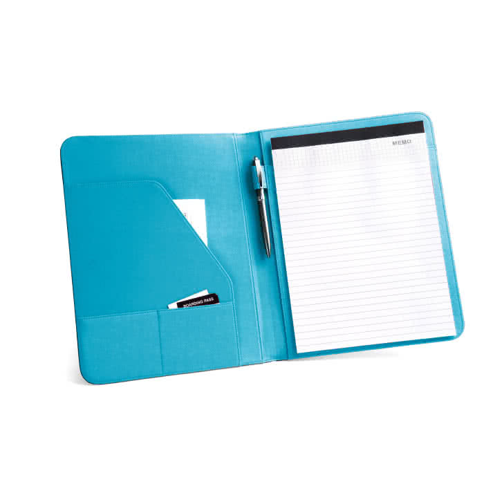 Elegante porta documentos para eventos color azul claro con logo