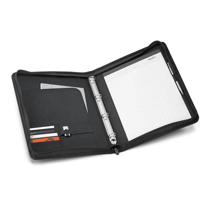 Portafolios con anillas y bolsillo exterior color gris con logo