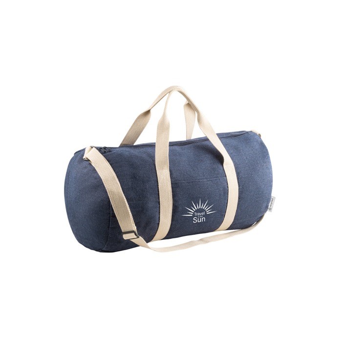 Bolsa de viaje de tela denim con asas y correa ajustable 300 g/m2 color azul imagen con logo Bolsa de viaje de tela denim con asas y correa ajustable 300 g/m2 color azul imagen con logo