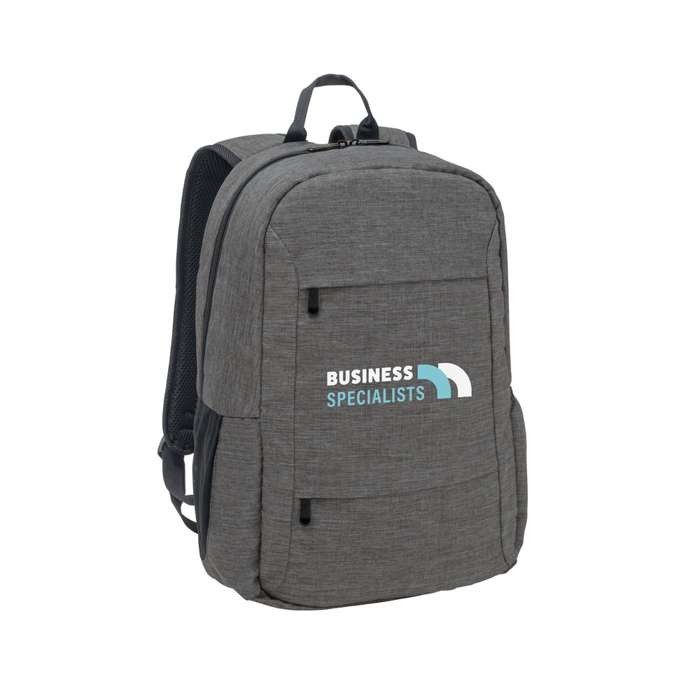 Mochila RPET con compartimento acolchado para tablet 10,1” y PC 15,6” color gris oscuro imagen con logo Mochila RPET con compartimento acolchado para tablet 10,1” y PC 15,6” color gris oscuro imagen con logo