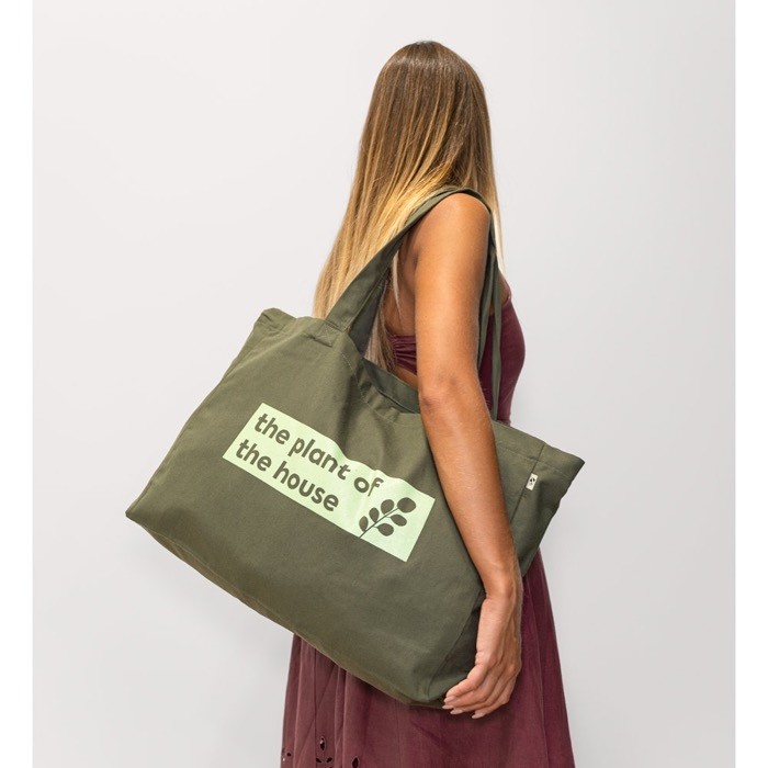 Bolsa que contiene algodón reciclado con asas largas 280 g/m2 color verde oscuro imagen con logo