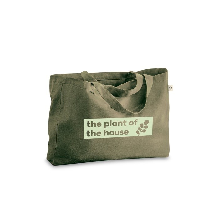 Bolsa que contiene algodón reciclado con asas largas 280 g/m2 color verde imagen con logo
