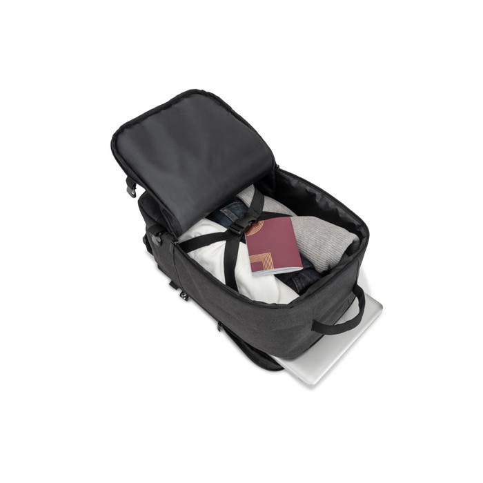 Mochila de poliéster reciclado con medidas para aerolíneas 14” color gris oscuro octava vista