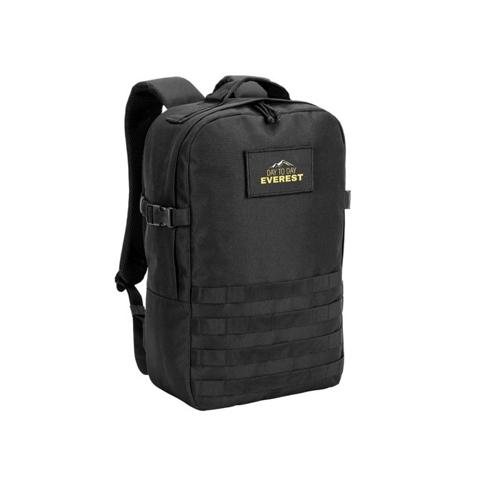 Mochila militar de poliéster reciclado con cintas e insignia color negro imagen con logo