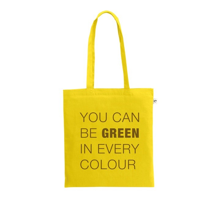 Bolsa de la compra de algodón orgánico con asas largas 140 g/m2 color amarillo imagen con logo Bolsa de la compra de algodón orgánico con asas largas 140 g/m2 color amarillo imagen con logo