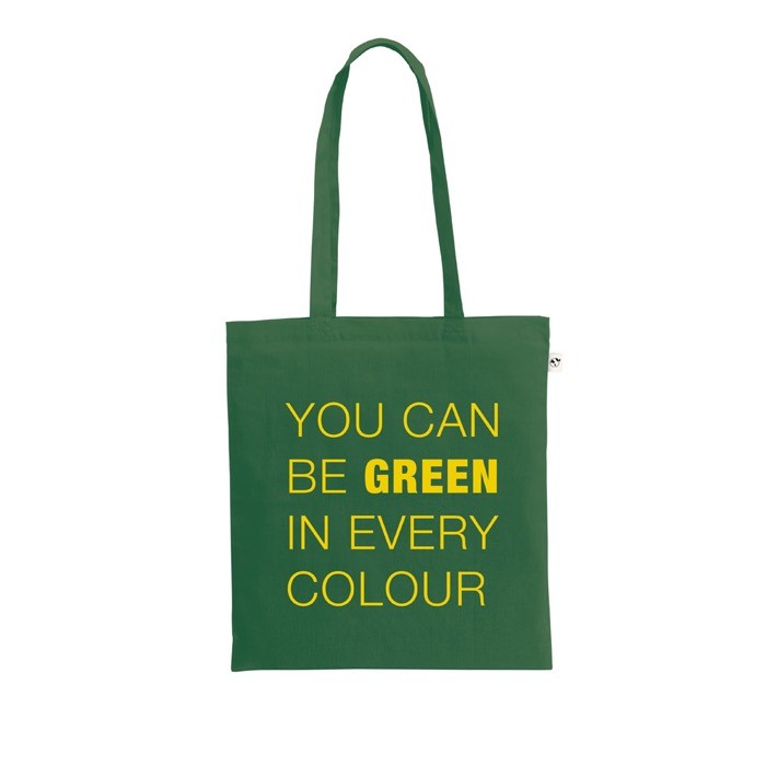 Bolsa de la compra de algodón orgánico con asas largas 140 g/m2 color verde oscuro imagen con logo Bolsa de la compra de algodón orgánico con asas largas 140 g/m2 color verde oscuro imagen con logo