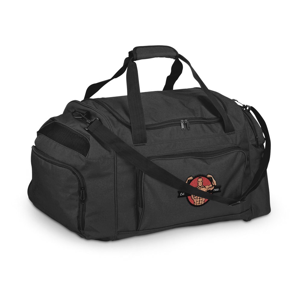 Bolsa de deporte de poliéster 300D con bandolera ajustable color negro imagen con logo Bolsa de deporte de poliéster 300D con bandolera ajustable color negro imagen con logo