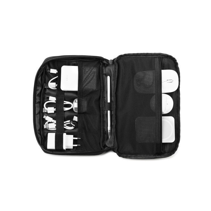 Bolsa organizadora accesorios tecnológicos en poliéster reciclado color negro septima vista Bolsa organizadora accesorios tecnológicos en poliéster reciclado color negro septima vista