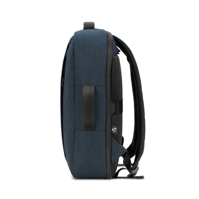 Mochila compacta de poliéster reciclado con asa de trolley 15,6” color azul tercera vista Mochila compacta de poliéster reciclado con asa de trolley 15,6” color azul tercera vista