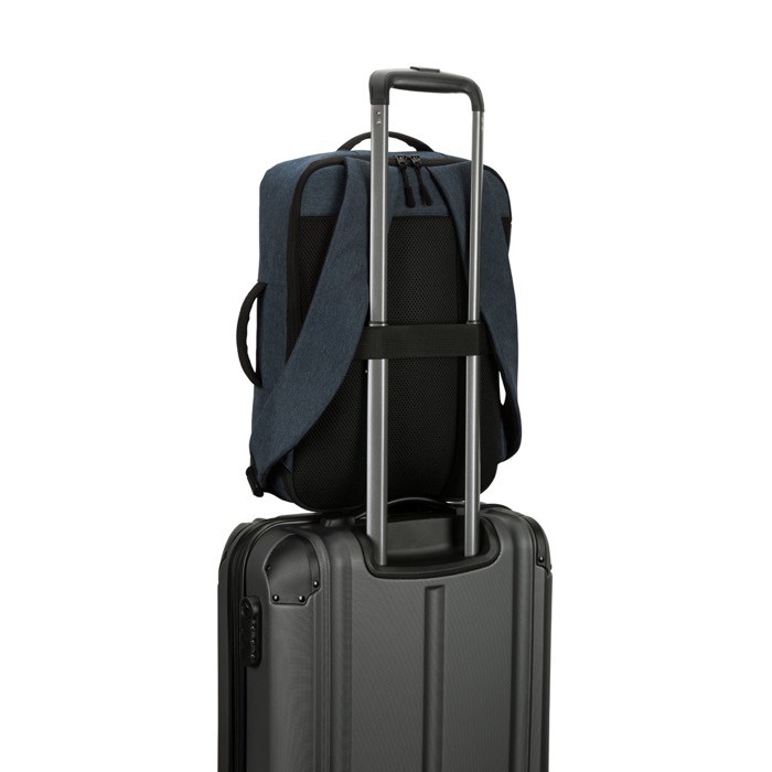 Mochila compacta de poliéster reciclado con asa de trolley 15,6” color azul quinta vista Mochila compacta de poliéster reciclado con asa de trolley 15,6” color azul quinta vista