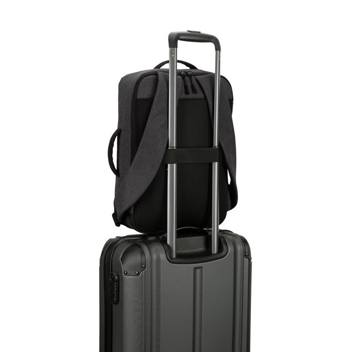 Mochila compacta de poliéster reciclado con asa de trolley 15,6” color gris oscuro quinta vista Mochila compacta de poliéster reciclado con asa de trolley 15,6” color gris oscuro quinta vista