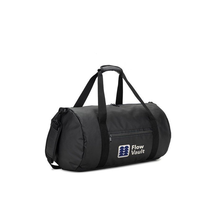 Bolsa de deporte en poliéster reciclado 600D con zapatero lateral color negro imagen con logo Bolsa de deporte en poliéster reciclado 600D con zapatero lateral color negro imagen con logo