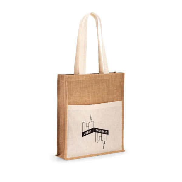 Bolsa personalizada de yute con bolsillo color marfil tercera vista