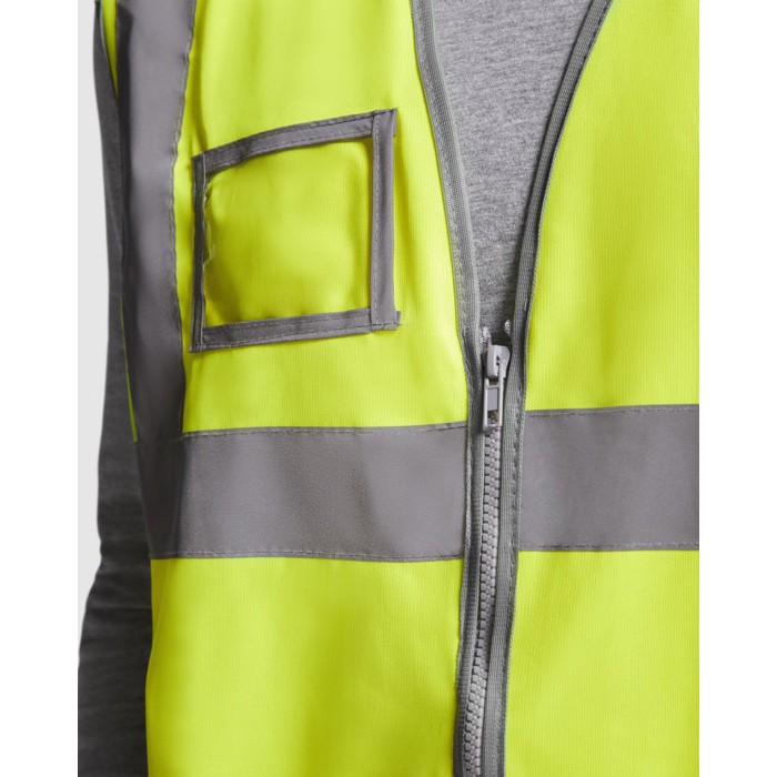 Chaleco de alta visibilidad con bolsillo y cremallera de poliéster Roly Polux color amarillo fluorescente vista detalle 1