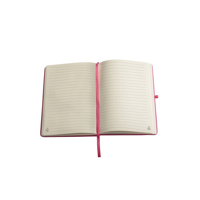 Libreta de 100% RPET y esquinas redondeadas A5 hojas a rayas color rosa tercera vista Libreta de 100% RPET y esquinas redondeadas A5 hojas a rayas color rosa tercera vista