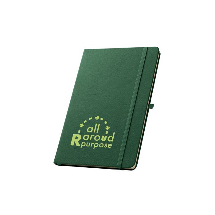 Libreta de 100% RPET y esquinas redondeadas A5 hojas a rayas color verde oscuro imagen con logo Libreta de 100% RPET y esquinas redondeadas A5 hojas a rayas color verde oscuro imagen con logo