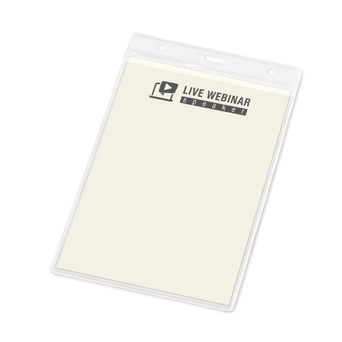 Identificador vertical plástico con agujeros de mosquetón 11x17cm color transparente imagen con logo Identificador vertical plástico con agujeros de mosquetón 11x17cm color transparente imagen con logo