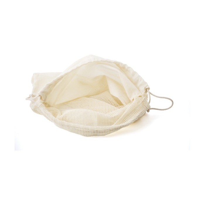 Bolsa de algodón orgánico de rejilla color beige tercera vista Bolsa de algodón orgánico de rejilla color beige tercera vista