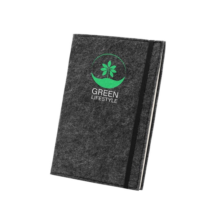 Bloc de notas con tapas de fieltro reciclado A5 hojas a rayas color gris oscuro imagen con logo