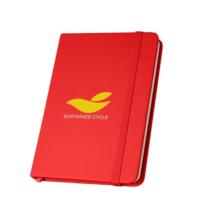 Cuaderno de tapa dura parcialmente reciclado A5 hojas a rayas color rojo imagen con logo