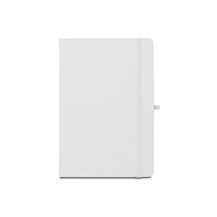 Libreta eco en poliéster reciclado con portaboli A5 hojas a rayas color blanco primera vista Libreta eco en poliéster reciclado con portaboli A5 hojas a rayas color blanco primera vista