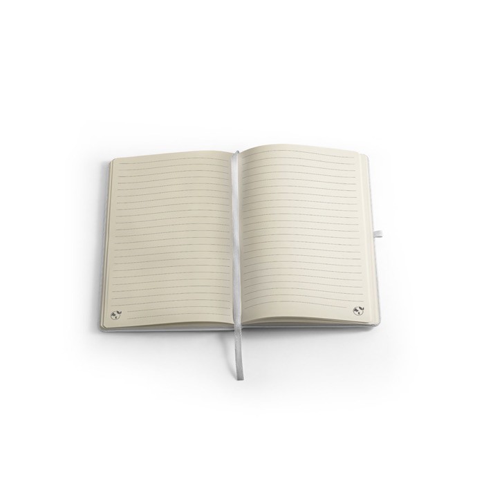 Libreta eco en poliéster reciclado con portaboli A5 hojas a rayas color blanco tercera vista Libreta eco en poliéster reciclado con portaboli A5 hojas a rayas color blanco tercera vista